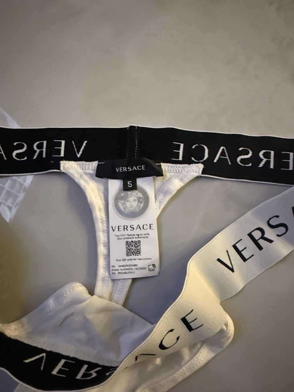 Versace White and Black Logo Elastic Thong - Picture 2 of 5